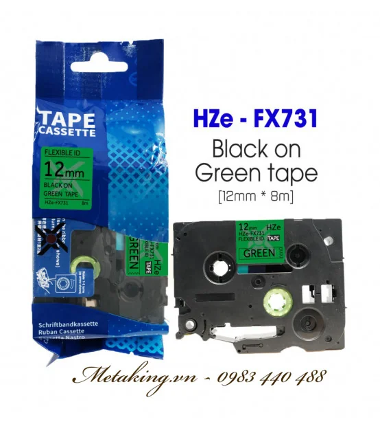 Nhãn HZe-FX731 (TZe-FX731), 12mm X 8m, Chữ đen - nền xanh lá | AIMO Việt Nam