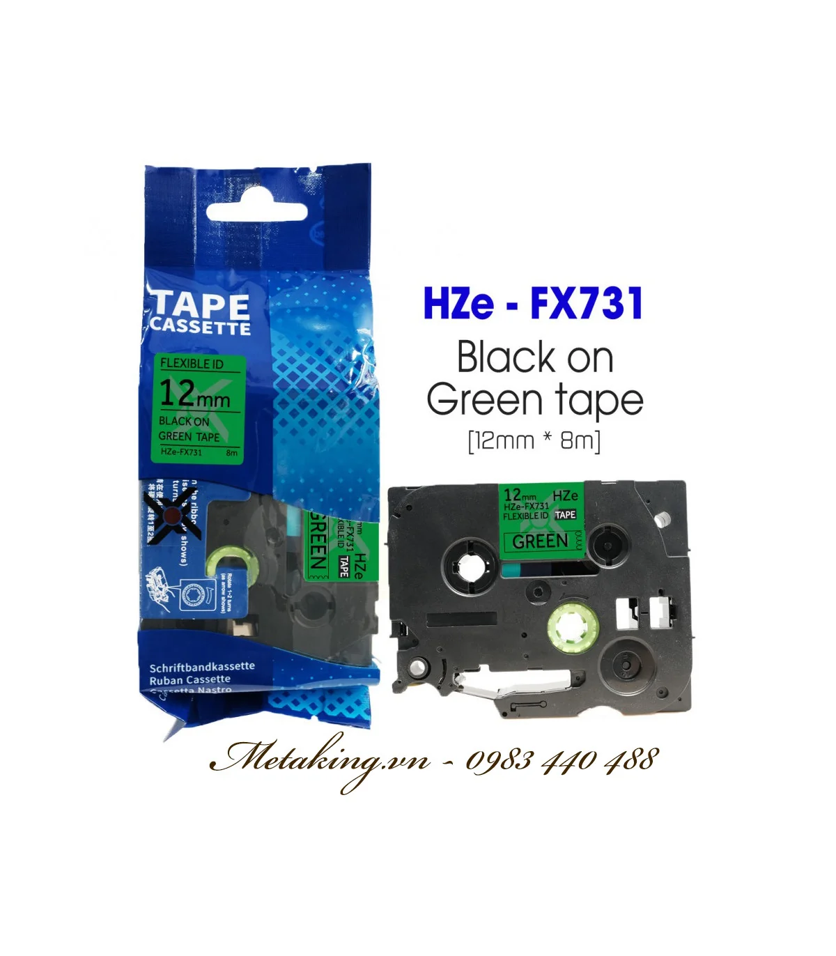 Nhãn HZe-FX731 (TZe-FX731), 12mm X 8m, Chữ đen - nền xanh lá | AIMO Việt Nam