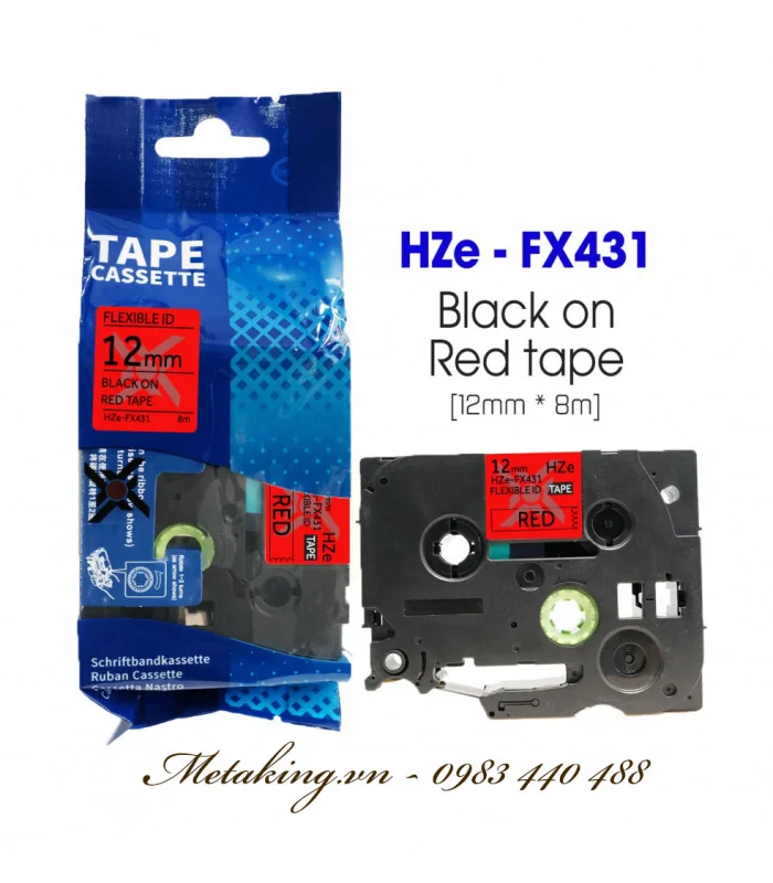 Nhãn HZe-FX431 (TZe-FX431), 12mm X 8m, Chữ đen - nền đỏ