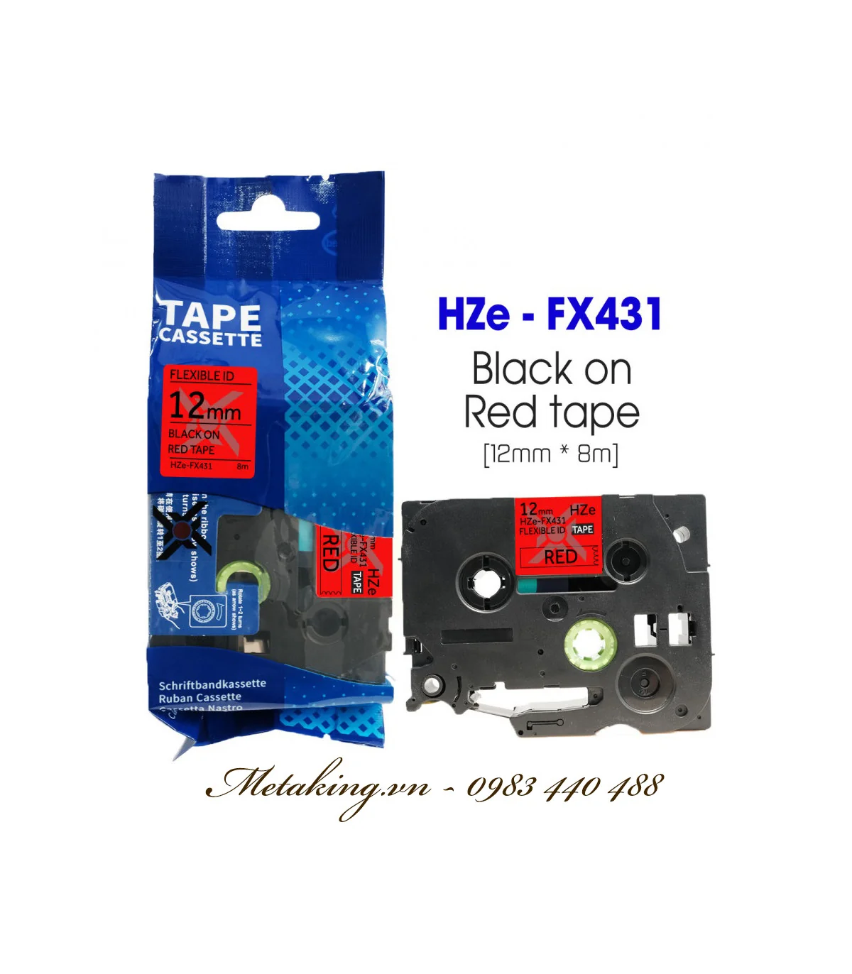 Nhãn HZe-FX431 (TZe-FX431), 12mm X 8m, Chữ đen - nền đỏ