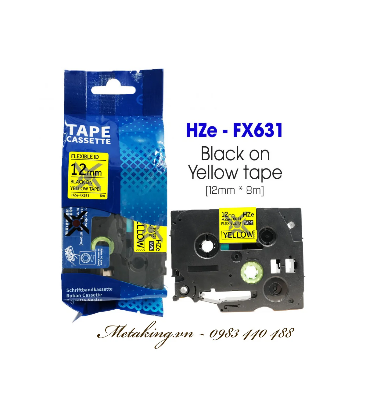 Nhãn HZe-FX631 (TZe-FX631), 12mm X 8m, Chữ đen - nền vàng | AIMO Việt Nam