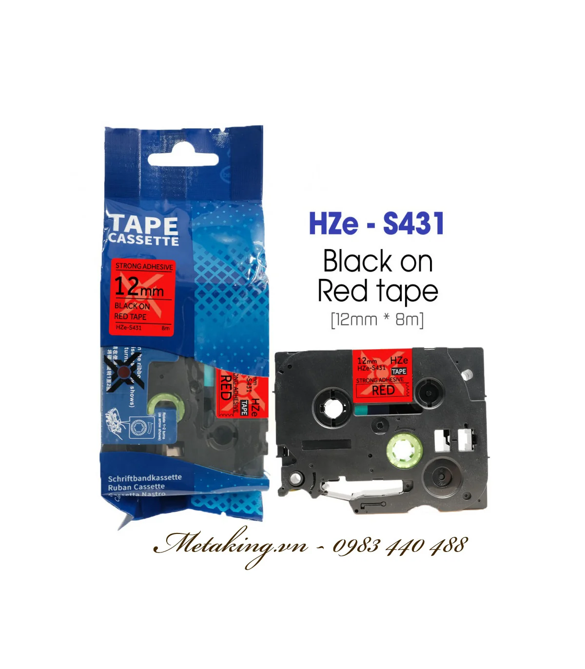 Nhãn HZe-S431 (TZe-S431), 12mm X 8m, Chữ đen - nền đỏ | AIMO Việt Nam