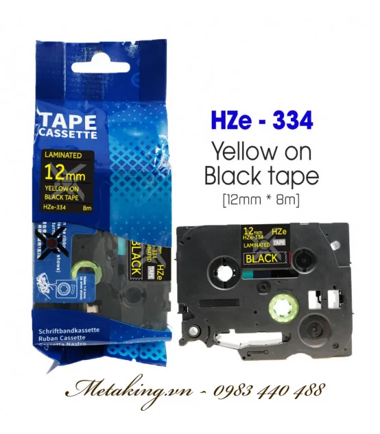 Nhãn HZe-334 (TZe-334), 12mm X 8m, Chữ vàng đồng - nền đen | AIMO Việt Nam