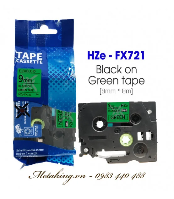 Nhãn HZe-FX721 (TZe-FX721), 9mm X 8m, Chữ đen - nền xanh lá | AIMO Việt Nam