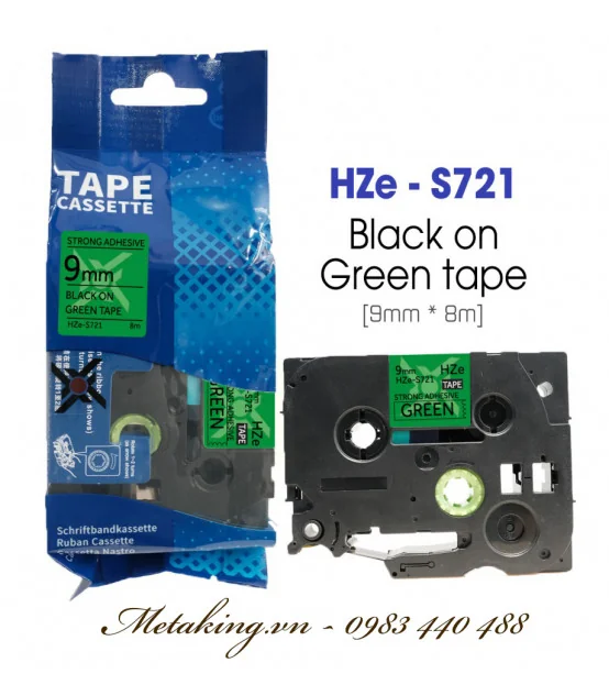 Nhãn HZe-S721 (TZe-S721), 9mm X 8m, Chữ đen - nền xanh lá | AIMO Việt Nam