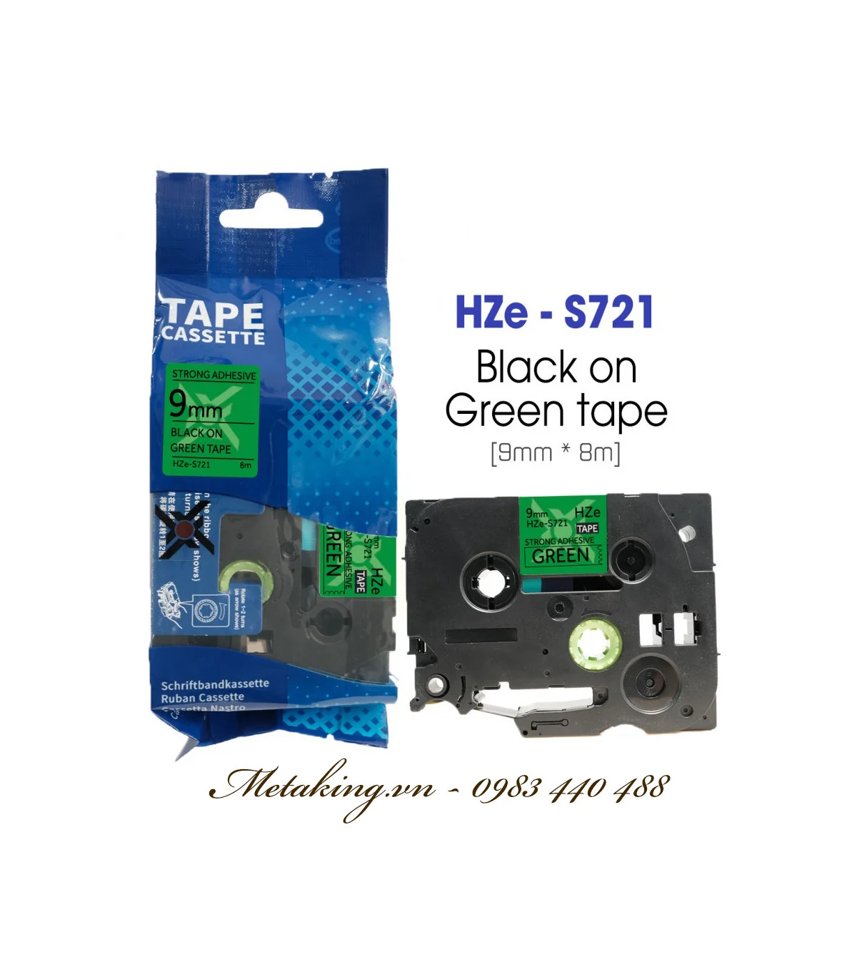 Nhãn HZe-S721 (TZe-S721), 9mm X 8m, Chữ đen - nền xanh lá | AIMO Việt Nam
