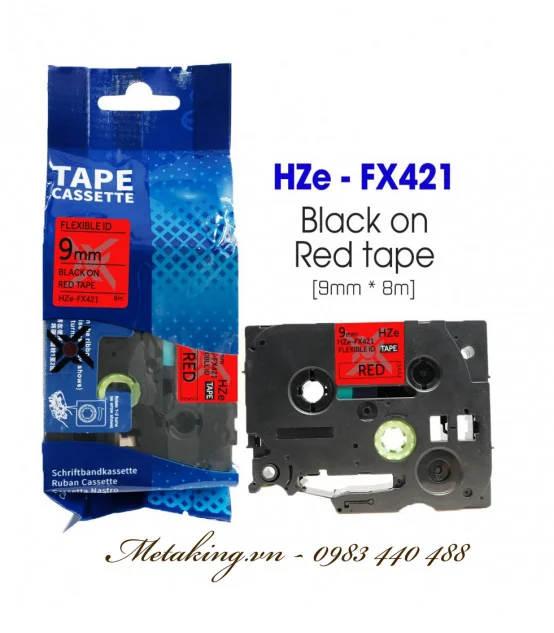 Nhãn HZe-FX421 (TZe-FX421), 9mm X 8m, Chữ đen - nền đỏ | AIMO Việt Nam