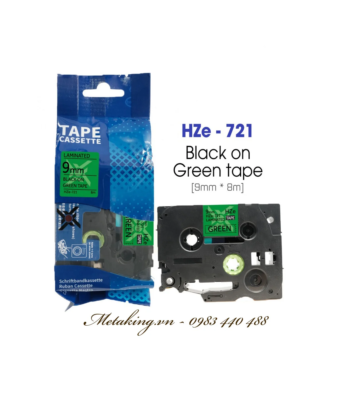 Nhãn HZe-721 (TZe-721), 9mm X 8m, Chữ đen - nền xanh lá | AIMO Việt Nam