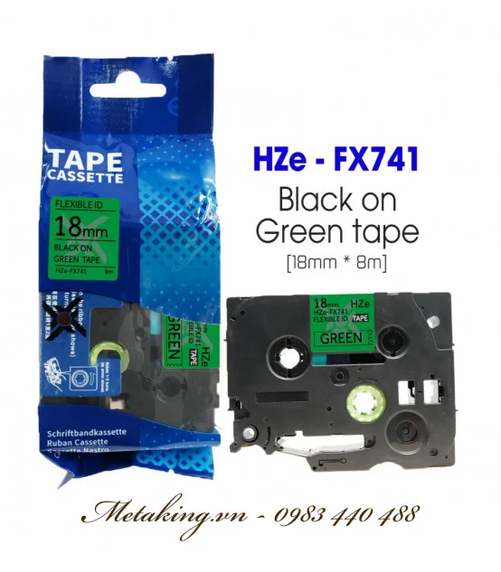 Nhãn HZe-FX741 (TZe-FX741), 18mm X 8m, Chữ đen - nền xanh lá | AIMO Việt Nam