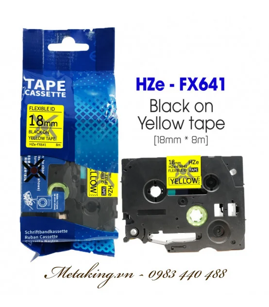 Nhãn HZe-FX641 (TZe-FX641), 18mm X 8m, Chữ đen - nền vàng | AIMO Việt Nam