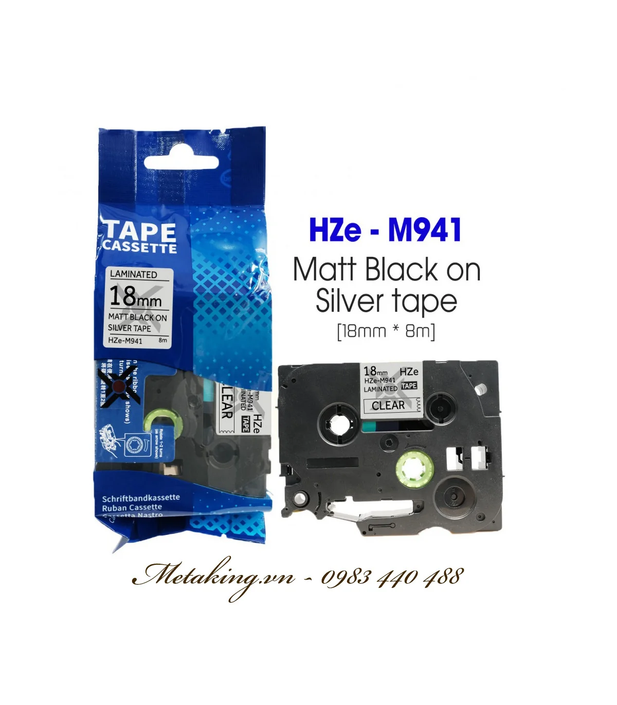 Nhãn HZe-M941 (TZe-M941), 18mm X 8m, Chữ đen - nền bạc | AIMO Việt Nam