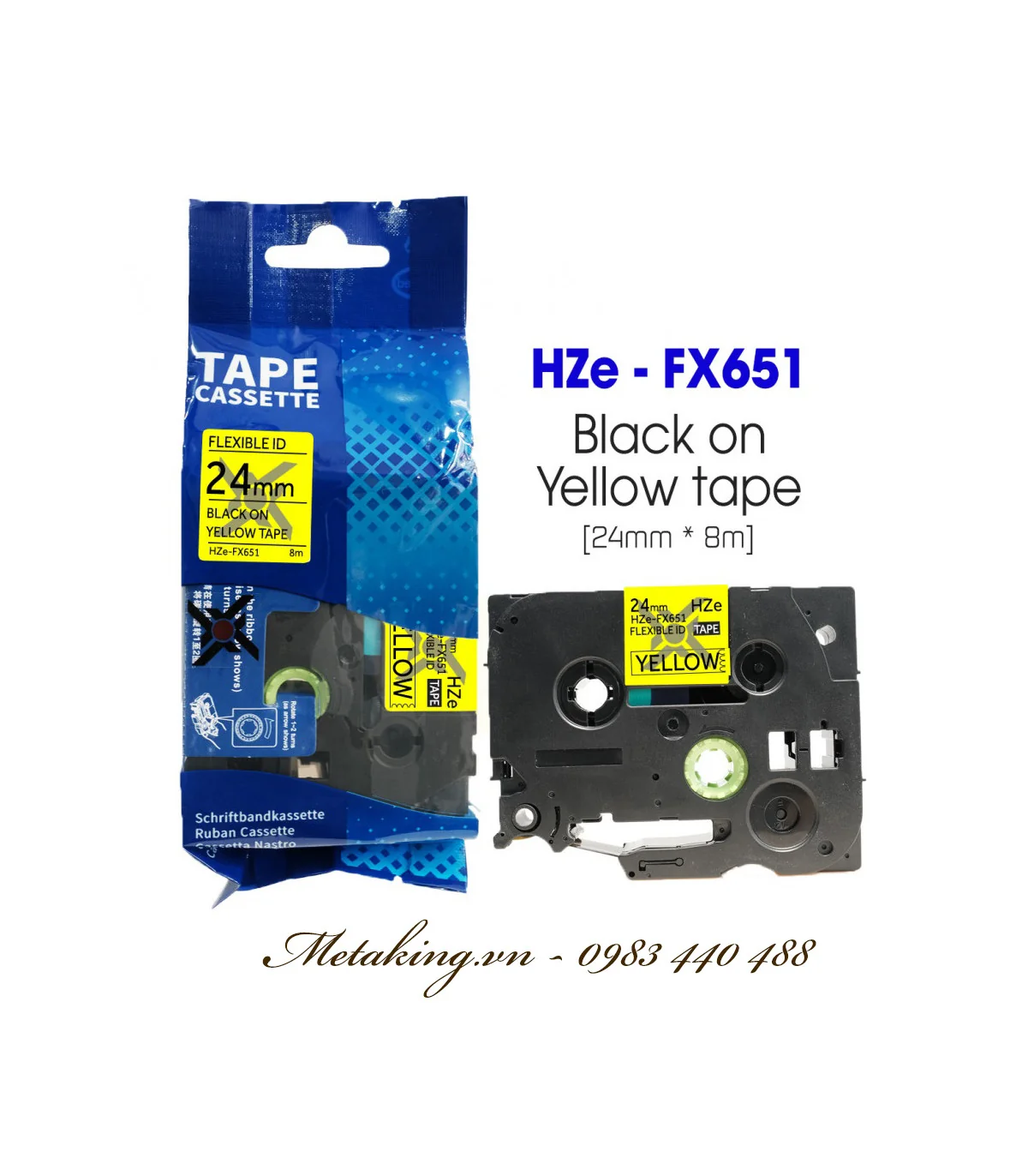 Nhãn HZe-FX651 (TZe-FX651), 24mm X 8m, Chữ đen - nền vàng | AIMO Việt Nam