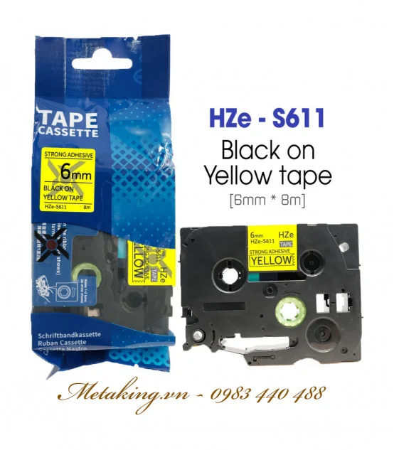 Nhãn HZe-S611 (TZe-S611), 6mm X 8m, Chữ đen - nền vàng | AIMO Việt Nam