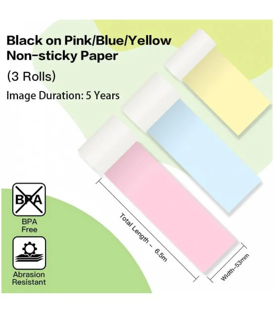 Giấy in nhiệt Vàng/Hồng/Xanh cho T02, 53mm X 6.5m, KT-RMYPB, không keo | AIMO Việt Nam