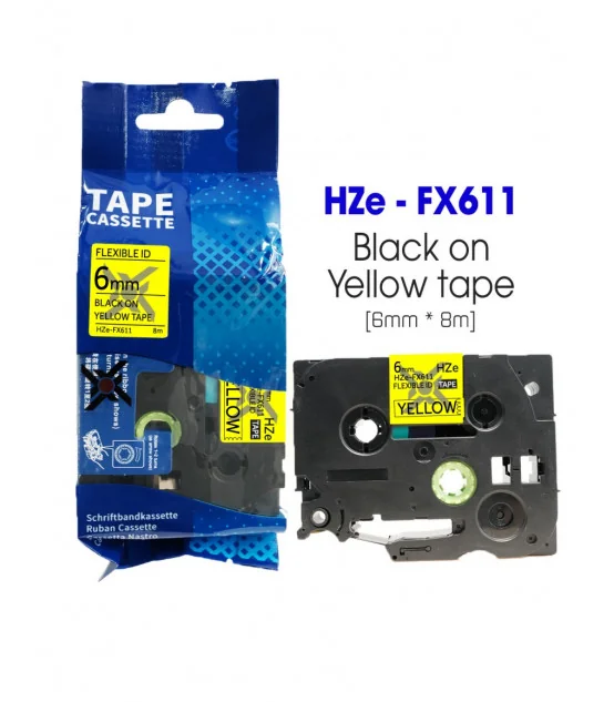 Nhãn HZe-FX611 (TZe-FX611), 6mm X 8m, Chữ đen - nền vàng | AIMO Việt Nam