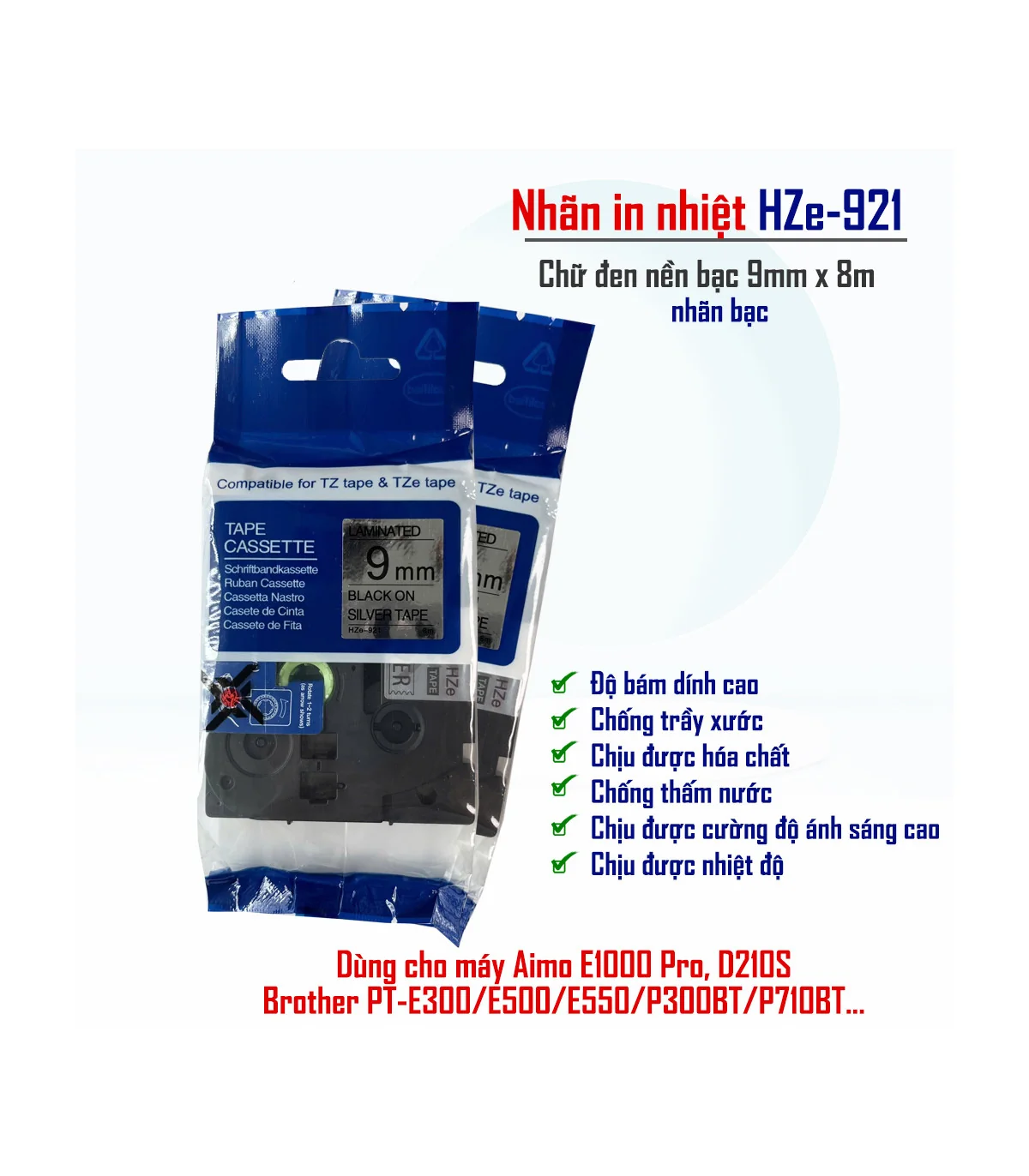 Nhãn HZe-921 (TZe-921), 9mm X 8m, Chữ đen - nền bạc | AIMO Việt Nam