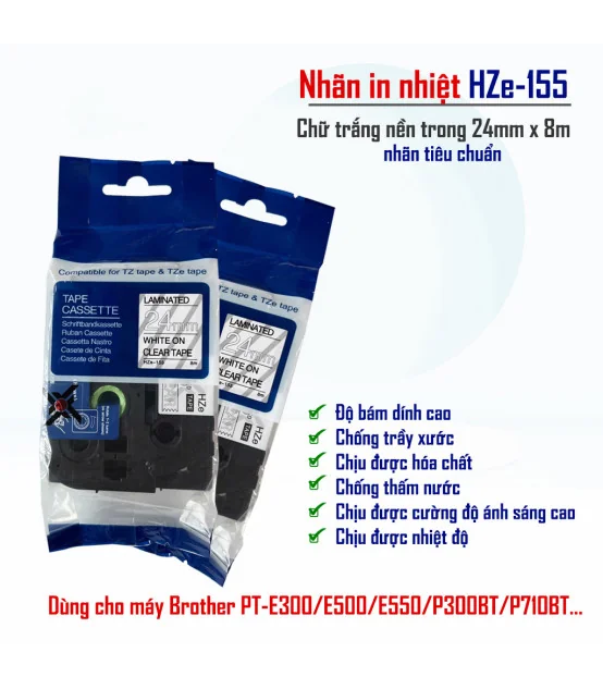 Nhãn HZe-155 (TZe-155), 24mm X 8m, Chữ trắng - nền trong | AIMO Việt Nam