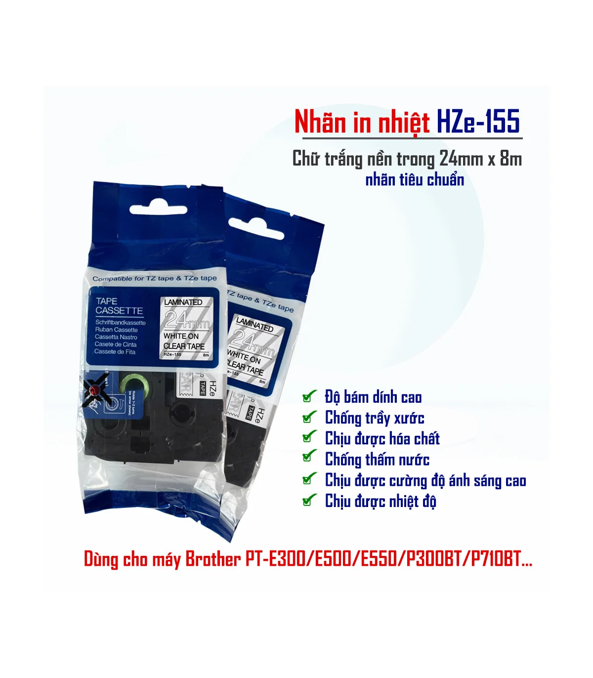 Nhãn HZe-155 (TZe-155), 24mm X 8m, Chữ trắng - nền trong | AIMO Việt Nam