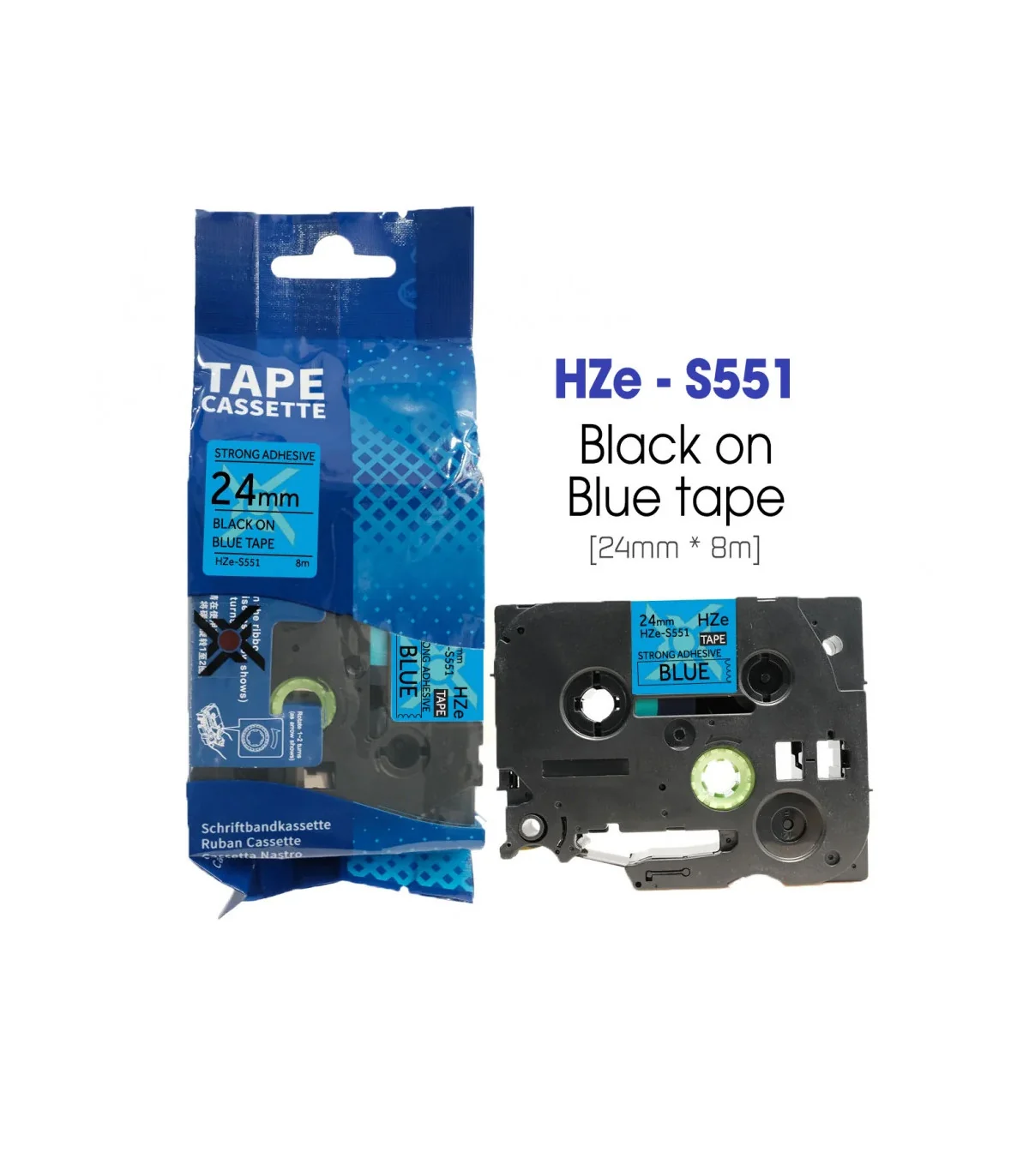 Nhãn HZe-S551 (TZe-S551), 24mm X 8m, Chữ đen - nền xanh dương | AIMO Việt Nam