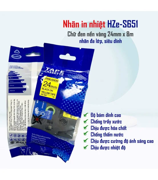 Nhãn HZe-S651 (TZe-S651), 24mm X 8m, Chữ đen - nền vàng | AIMO Việt Nam