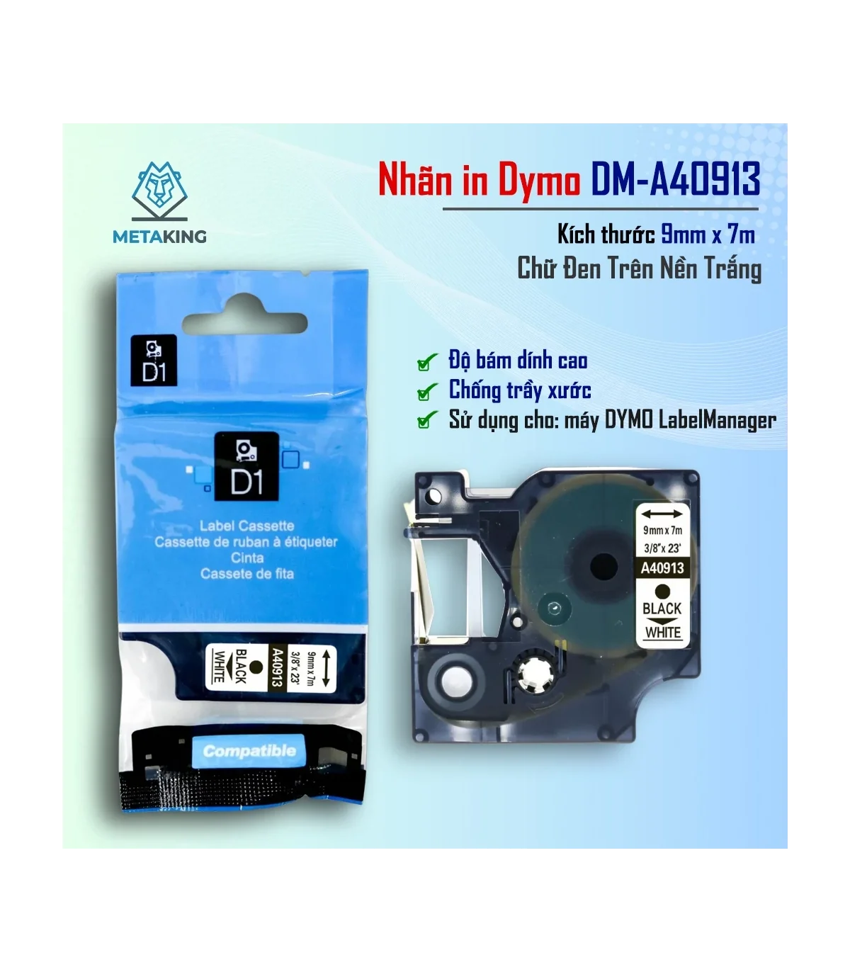 Dymo DM-A40913, [9mm x 7m], Chữ đen nền trắng | AIMO Việt Nam