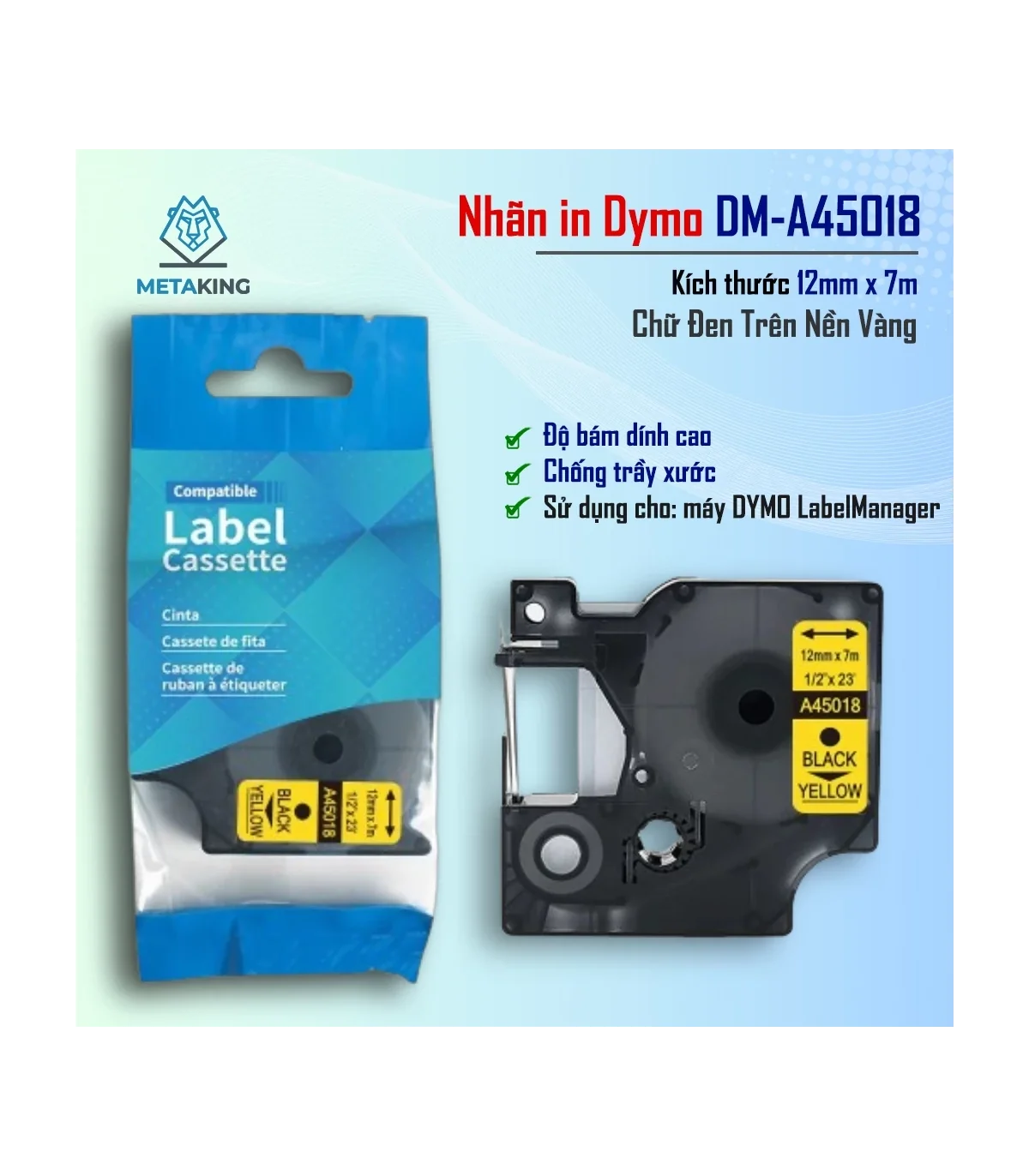 Dymo DM-A45018, [12mm x 7m], Chữ đen nền vàng | AIMO Việt Nam