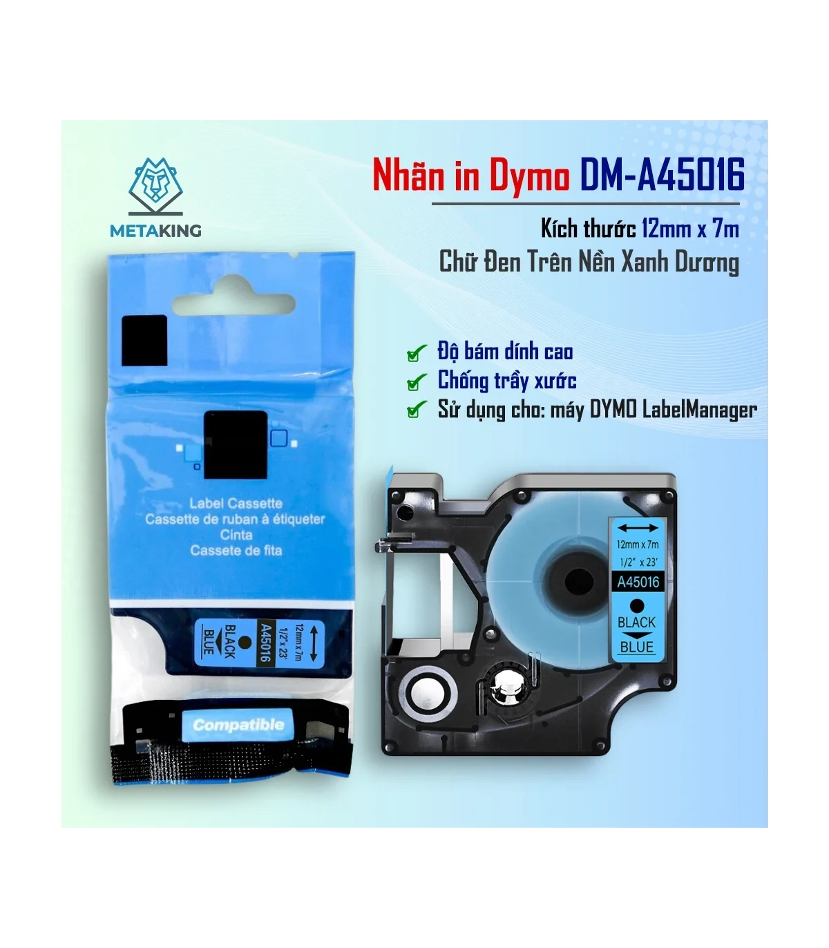 Dymo DM-A45016, [12mm x 7m], Chữ đen nền xanh dương | AIMO Việt Nam