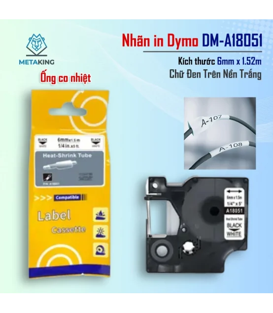 Ống co nhiệt Dymo DM-A18051, [6mm x 7m], Chữ đen nền trắng | AIMO Việt Nam