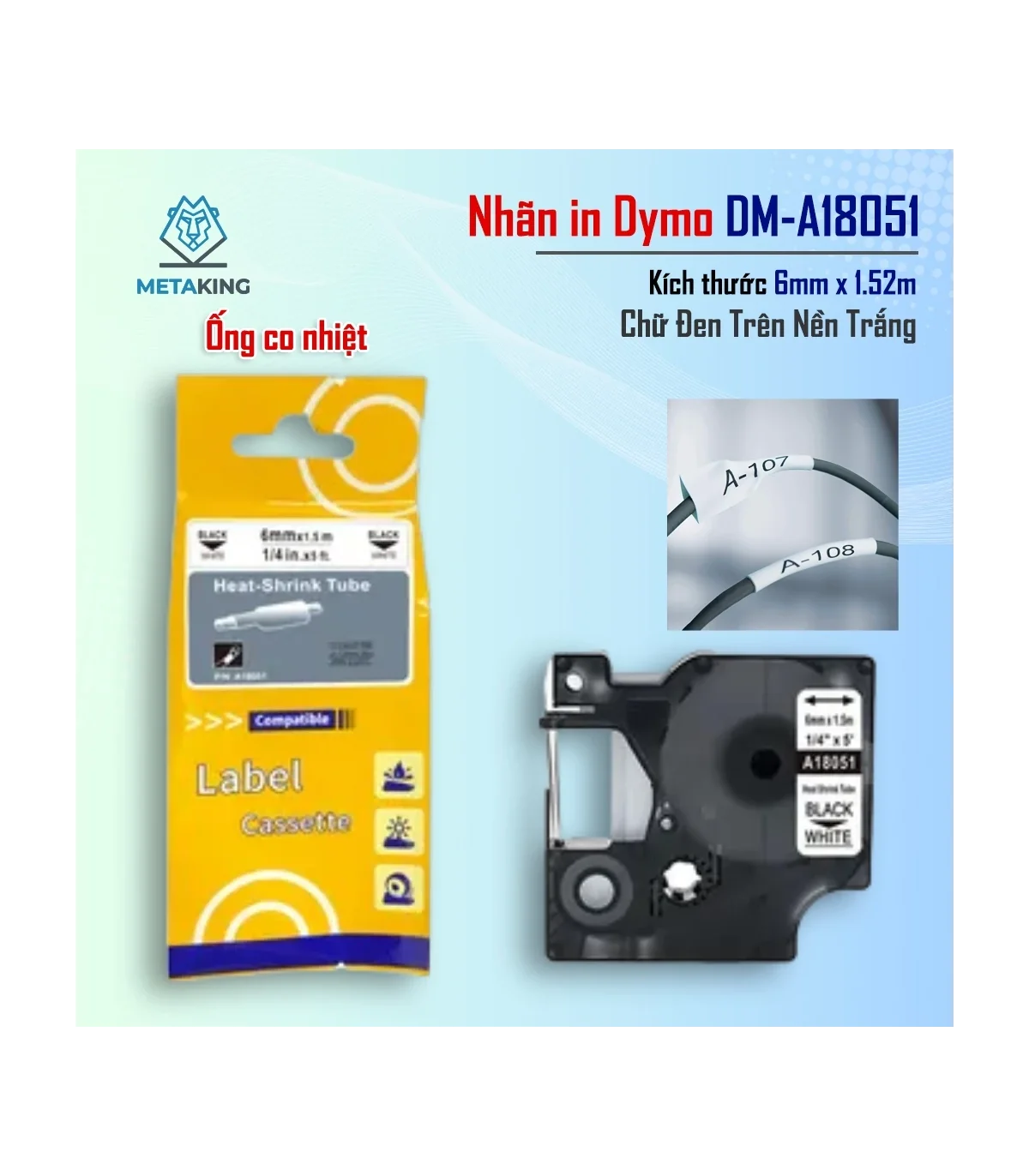 Ống co nhiệt Dymo DM-A18051, [6mm x 7m], Chữ đen nền trắng | AIMO Việt Nam