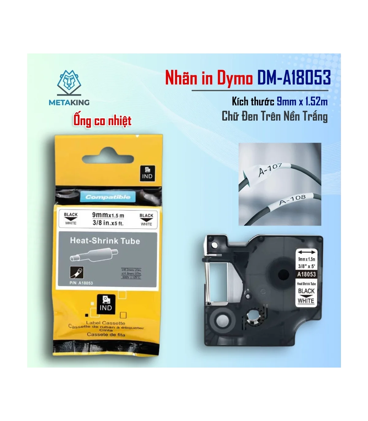 Ống co nhiệt Dymo DM-A18053, [9mm x 7m], Chữ đen nền trắng | AIMO Việt Nam