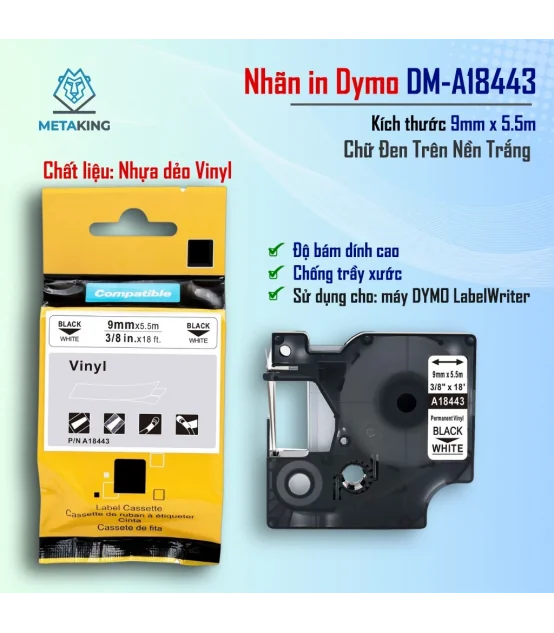 Dymo DM-A18443, [9mm x 7m], Chữ đen nền trắng | AIMO Việt Nam